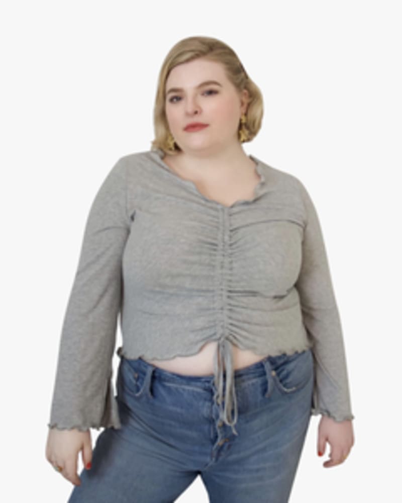 Front of a model wearing a size L Megan Ruched Knit Top in Ash Grey by Lovefool. | dia_product_style_image_id:249776